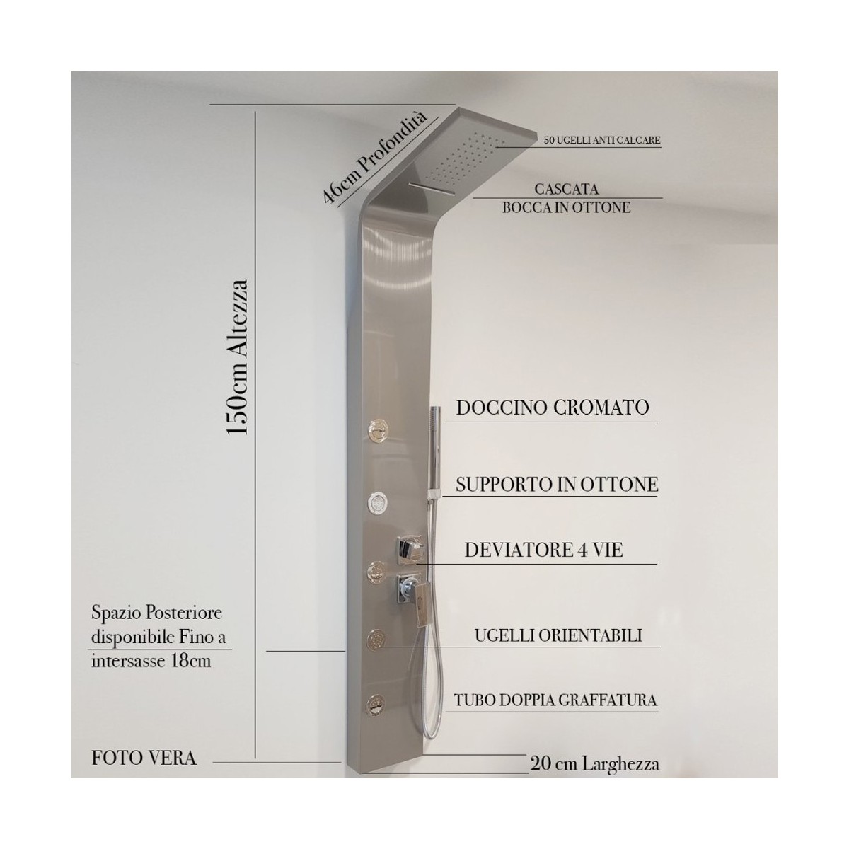 Hydromassage-Duschsäule Zaffiro aus gebürstetem Stahl