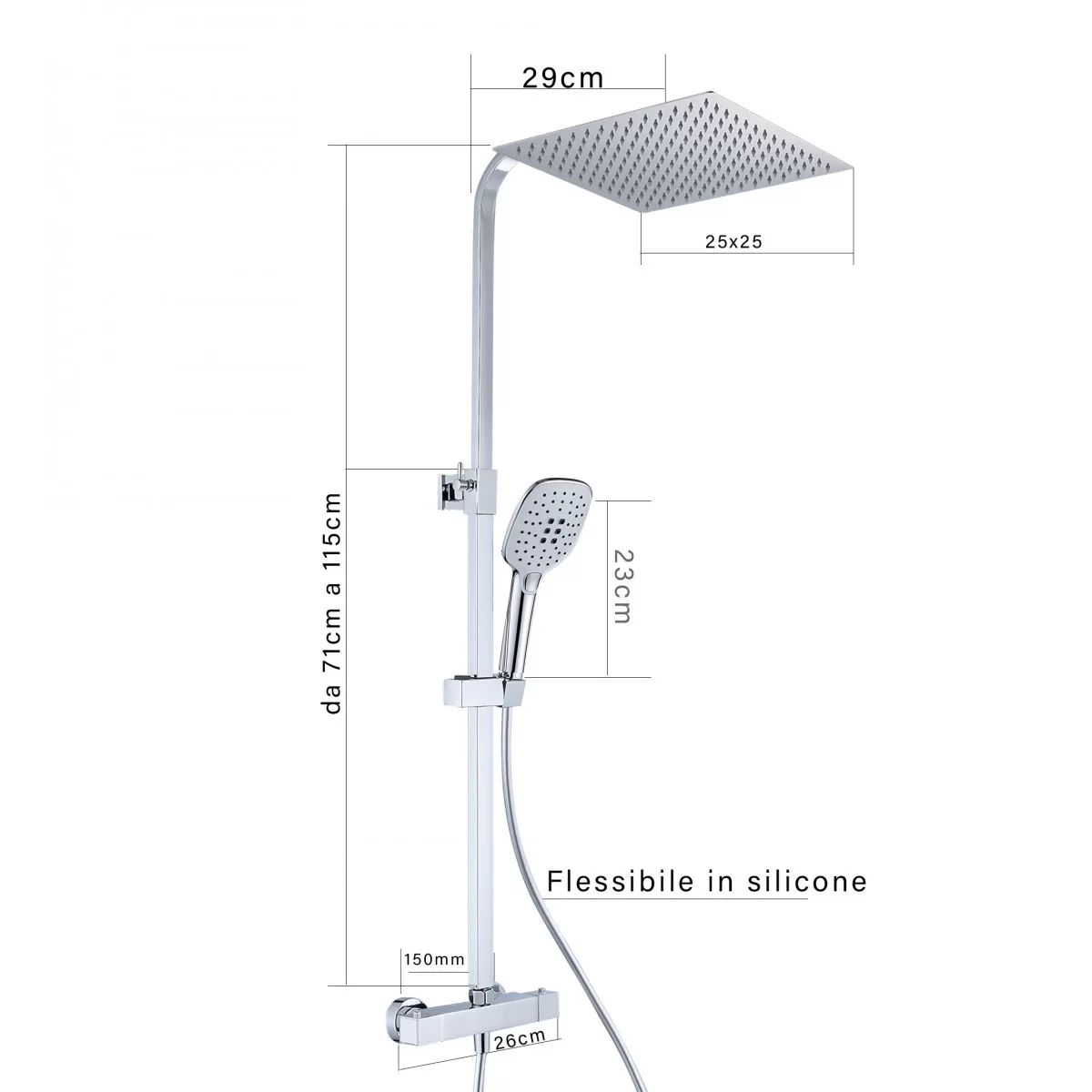 Colonna doccia termostatica cromata soffione quadrato 25x25