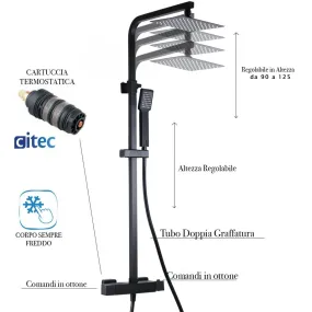 Colonna Doccia Termostatica nero opaco soffione 20x20 e doccetta Noir