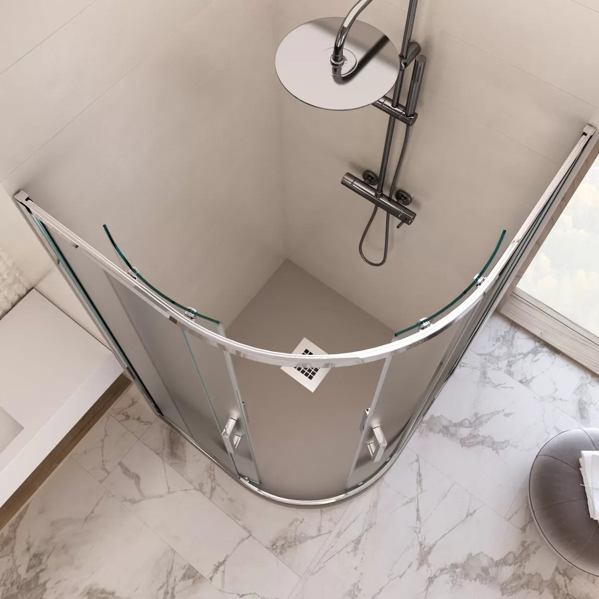 Halbrunde Doppelschiebetür Athena aus satiniertem Kristall Antikalk 6mm h195 Duschabtrennung