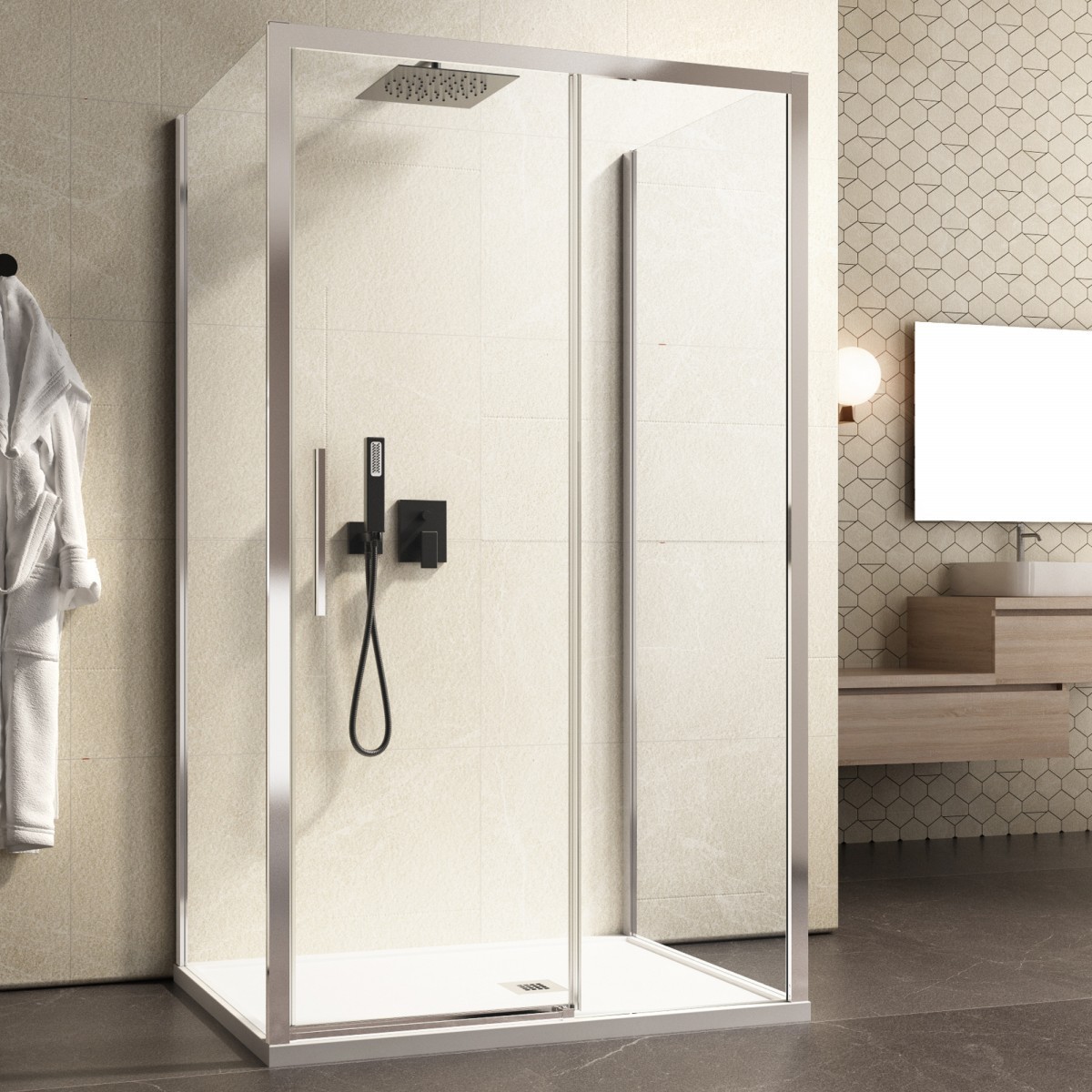 Cabine de douche porte coulissante trois faces Lago avec cristal anti-calcaire 6mm h195cm