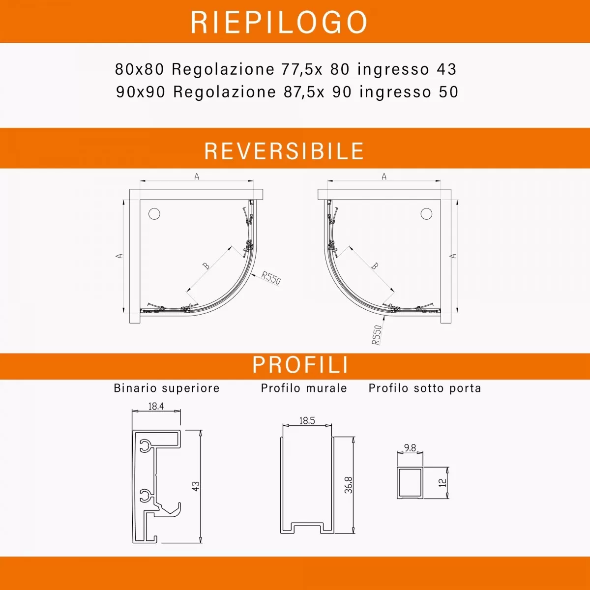 Halbrunde Duschabtrennung aus Satin, 6 mm H195
