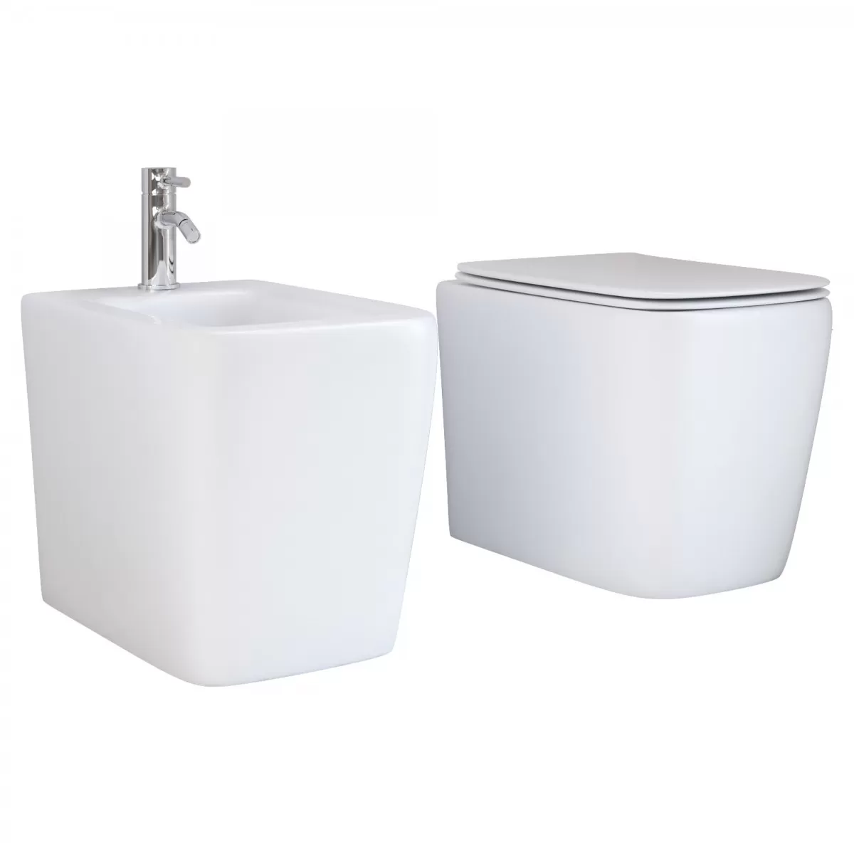 Sanitari a Terra Filo Muro in ceramica bianca con copri vaso frizionato Qubo