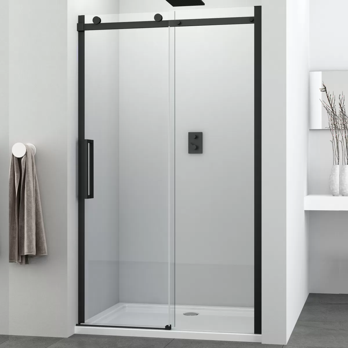 Transparente Antikalk-Duschschiebetür 8mm schwarze Profile H200 Schwarz