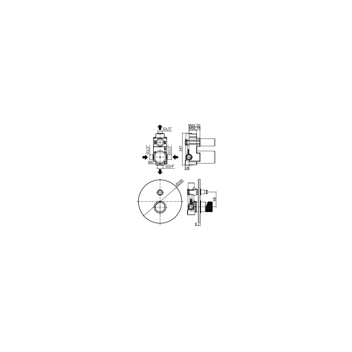 Jo Einbau-Brausemischer mit 2 Ausgängen von Paffoni