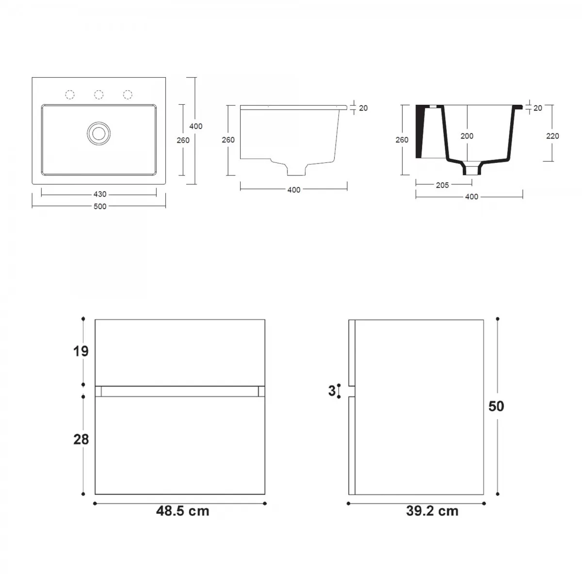 Armoire à linge suspendue design de couleur orme naturel avec évier classique