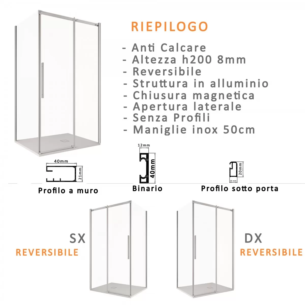 Box doccia 2 lati scorrevole Anticalcare 8mm H200 Osiride
