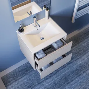 Hängender Badezimmerschrank aus hellem Holz 60 cm mit Schubladen