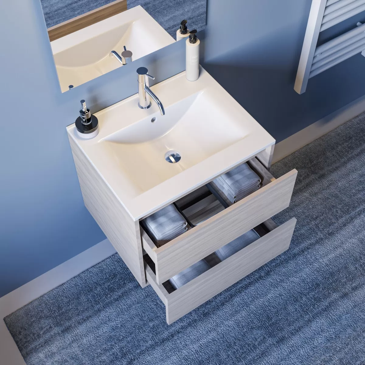 Hängender Badezimmerschrank aus hellem Holz 60 cm mit Schubladen