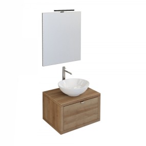 Meuble de salle de bain suspendu en chêne avec tiroir, miroir et luminaire Domus