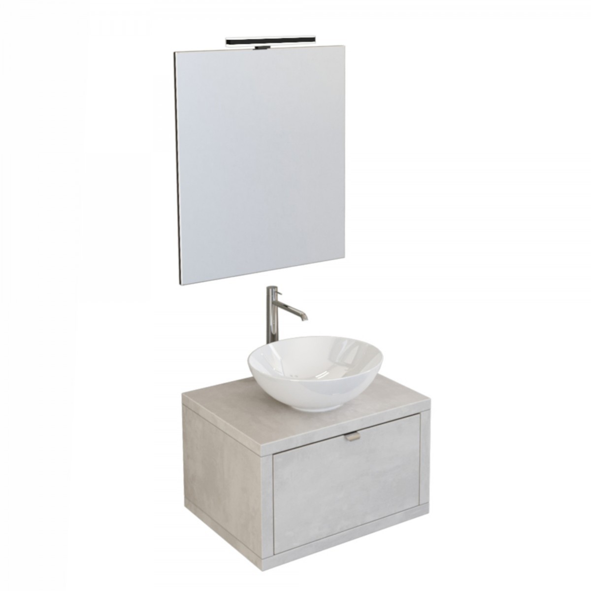 Meuble de salle de bain suspendu gris ciment avec tiroir, miroir et luminaire Domus
