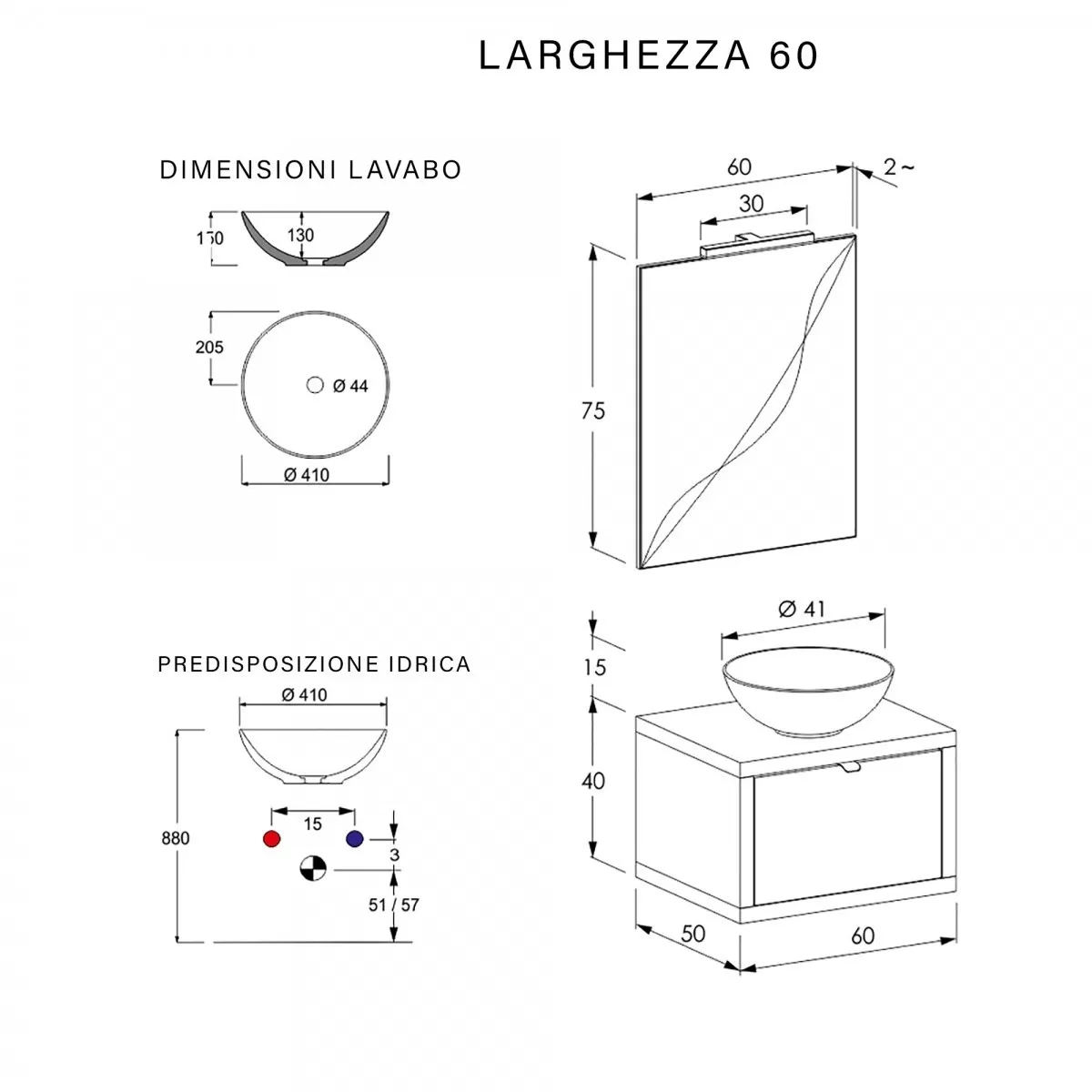 Mobile da Bagno sospeso Grigio cemento con cassetto, specchio e luce Domus