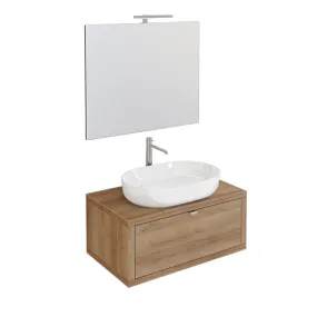 Meuble de Salle de Bain Suspendu 80 cm en Chêne avec Tiroir, Miroir et Lumière Domus