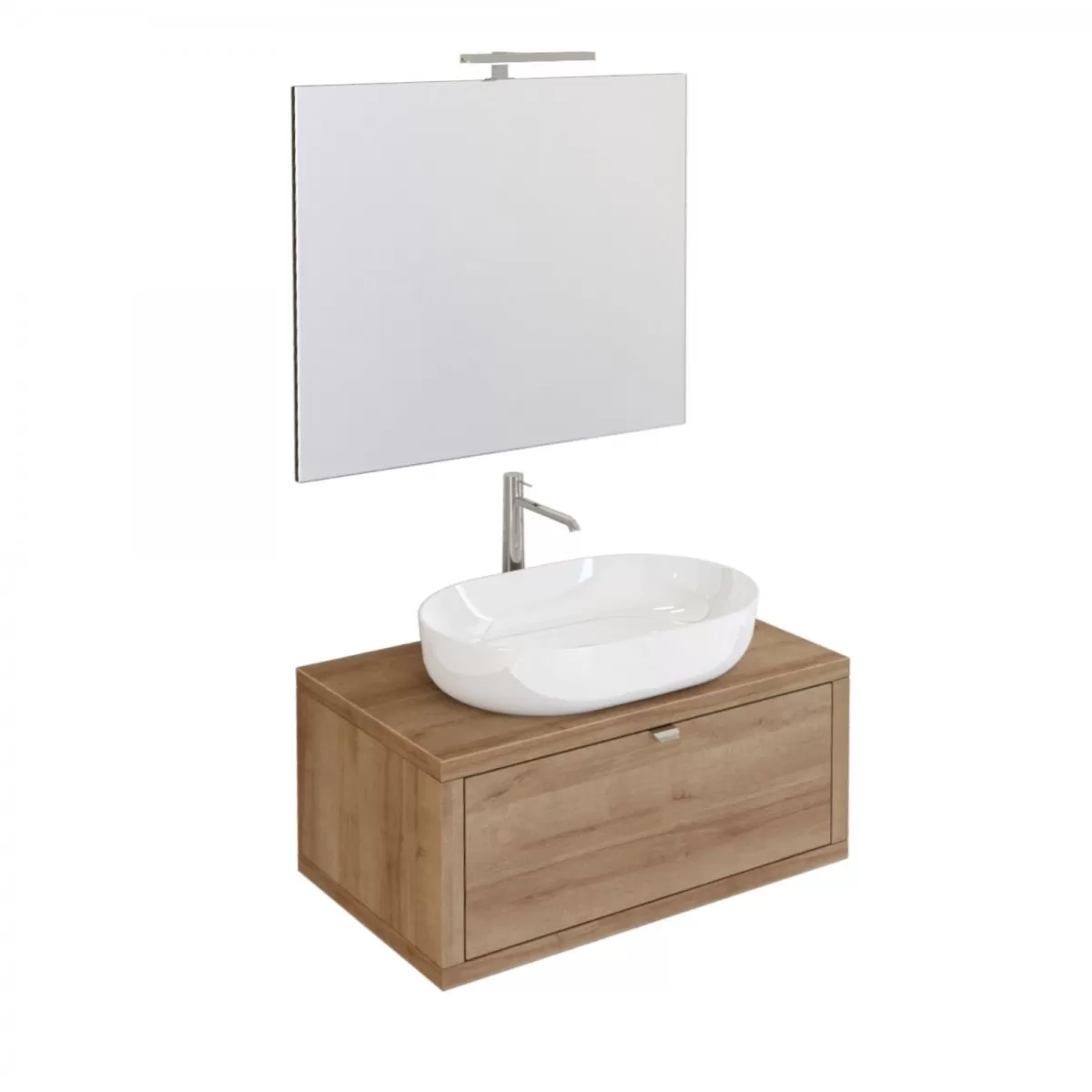 Meuble de Salle de Bain Suspendu 80 cm en Chêne avec Tiroir, Miroir et Lumière Domus