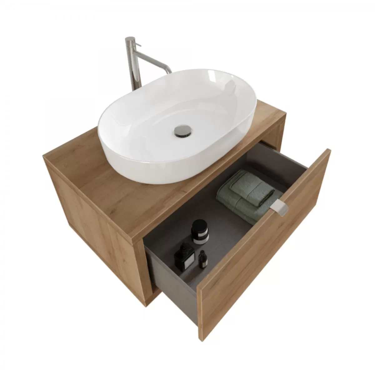Meuble de Salle de Bain Suspendu 80 cm en Chêne avec Tiroir, Miroir et Lumière Domus