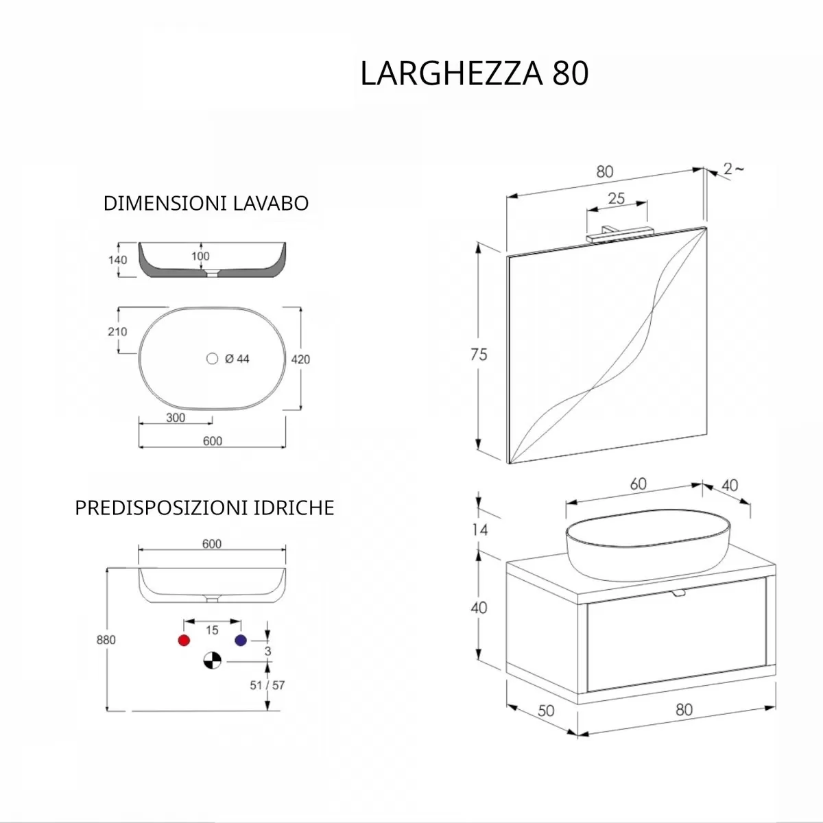 Dunkelgrauer hängender Badezimmerschrank 80 cm mit Schublade, Spiegel und Domus-Leuchte