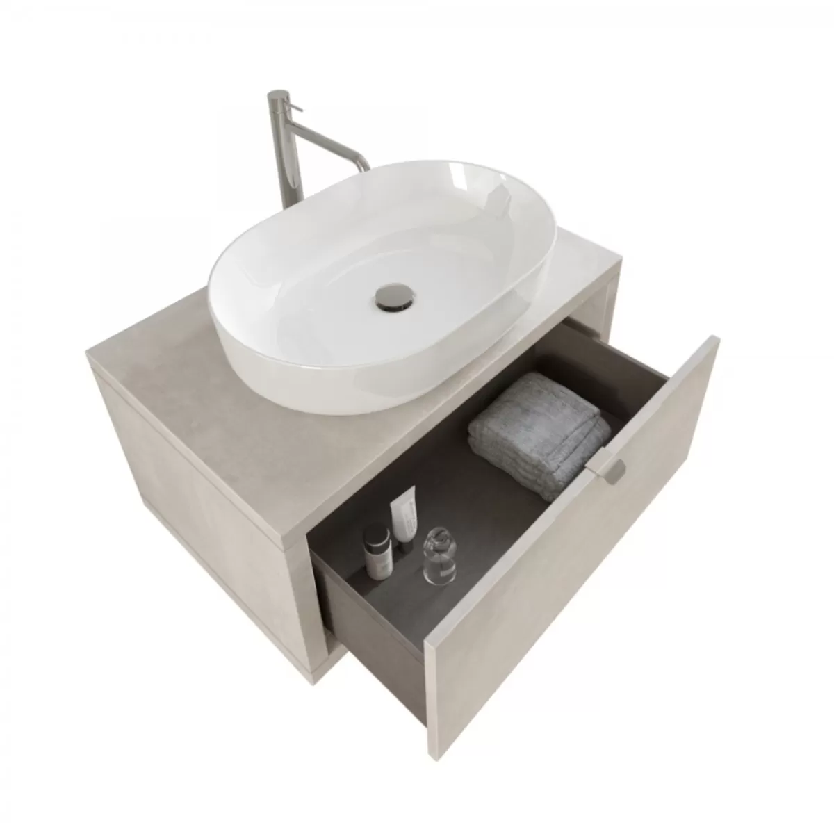 Meuble de Salle de Bain Suspendu Béton gris 80cm avec tiroir, miroir et lumière Domus