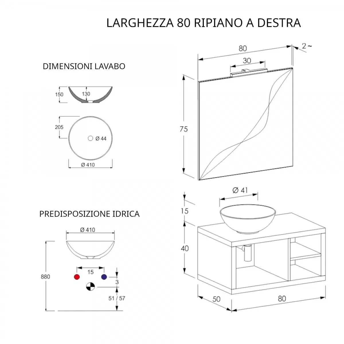 Meuble de Salle de Bain en Chêne 80cm suspendu avec trois rangements apparents