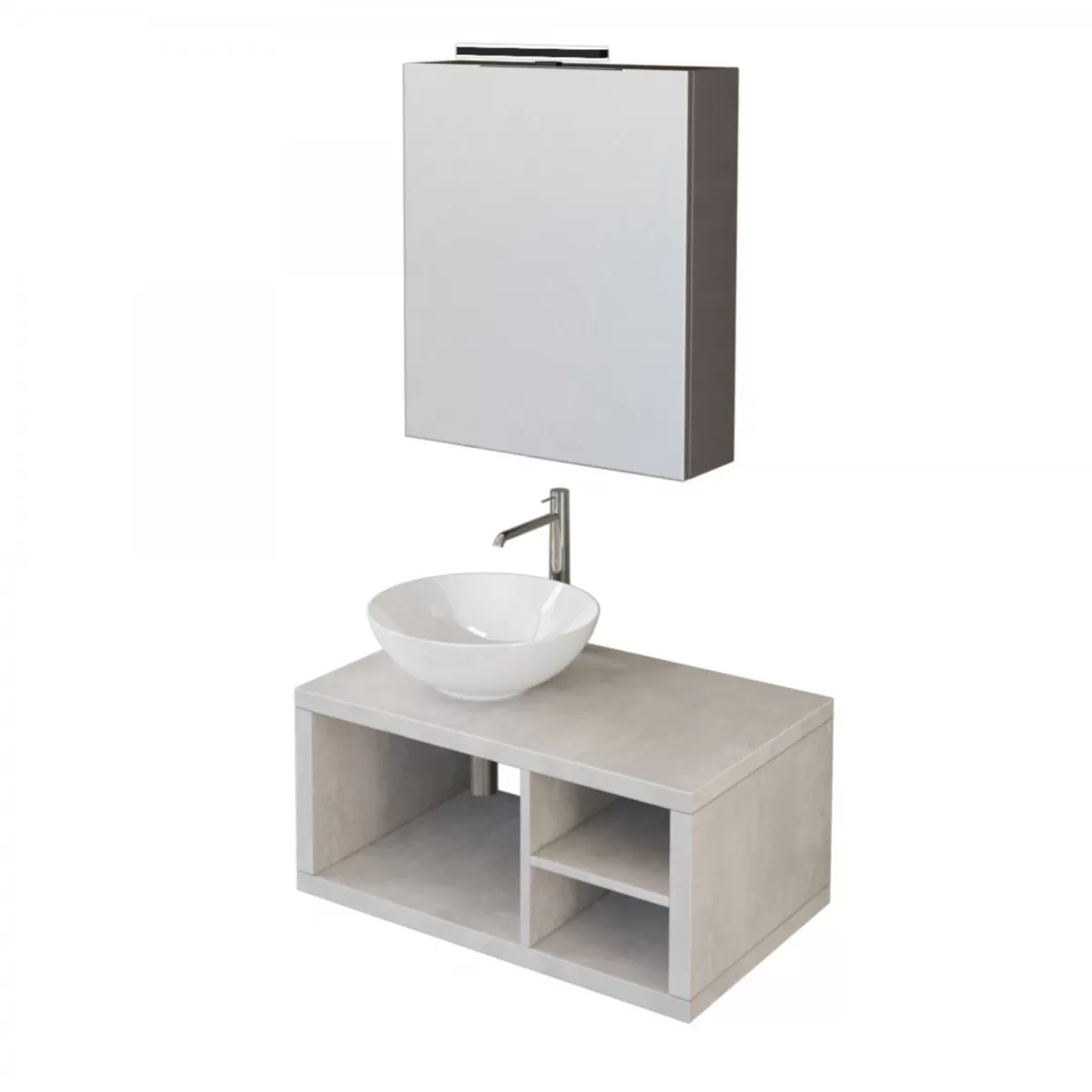 Meuble de Salle de Bain Gris Ciel 80cm suspendu avec trois rangements apparents et meuble miroir