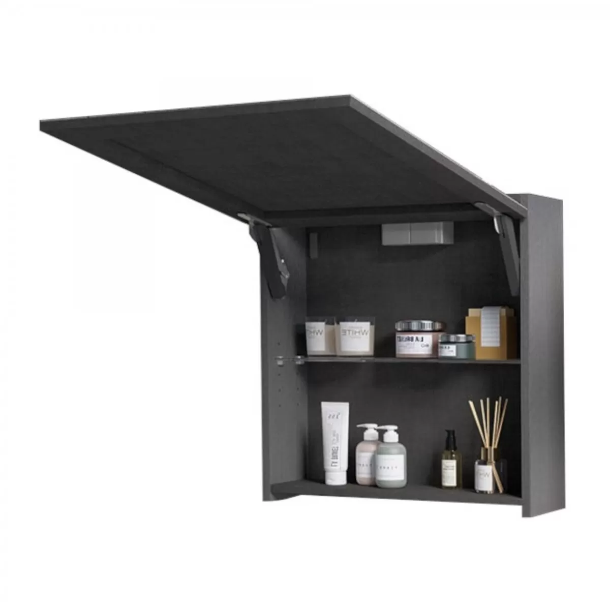 Meuble de Salle de Bain Gris Ciel 80cm suspendu avec trois rangements apparents et meuble miroir