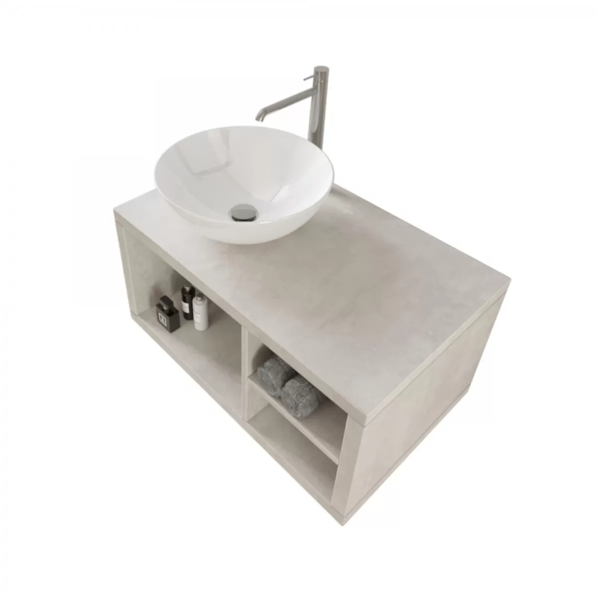 Meuble de Salle de Bain Gris Ciel 80cm suspendu avec trois rangements apparents et meuble miroir