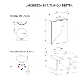 Meuble de Salle de Bain Gris Ciel 80cm suspendu avec trois rangements apparents et meuble miroir