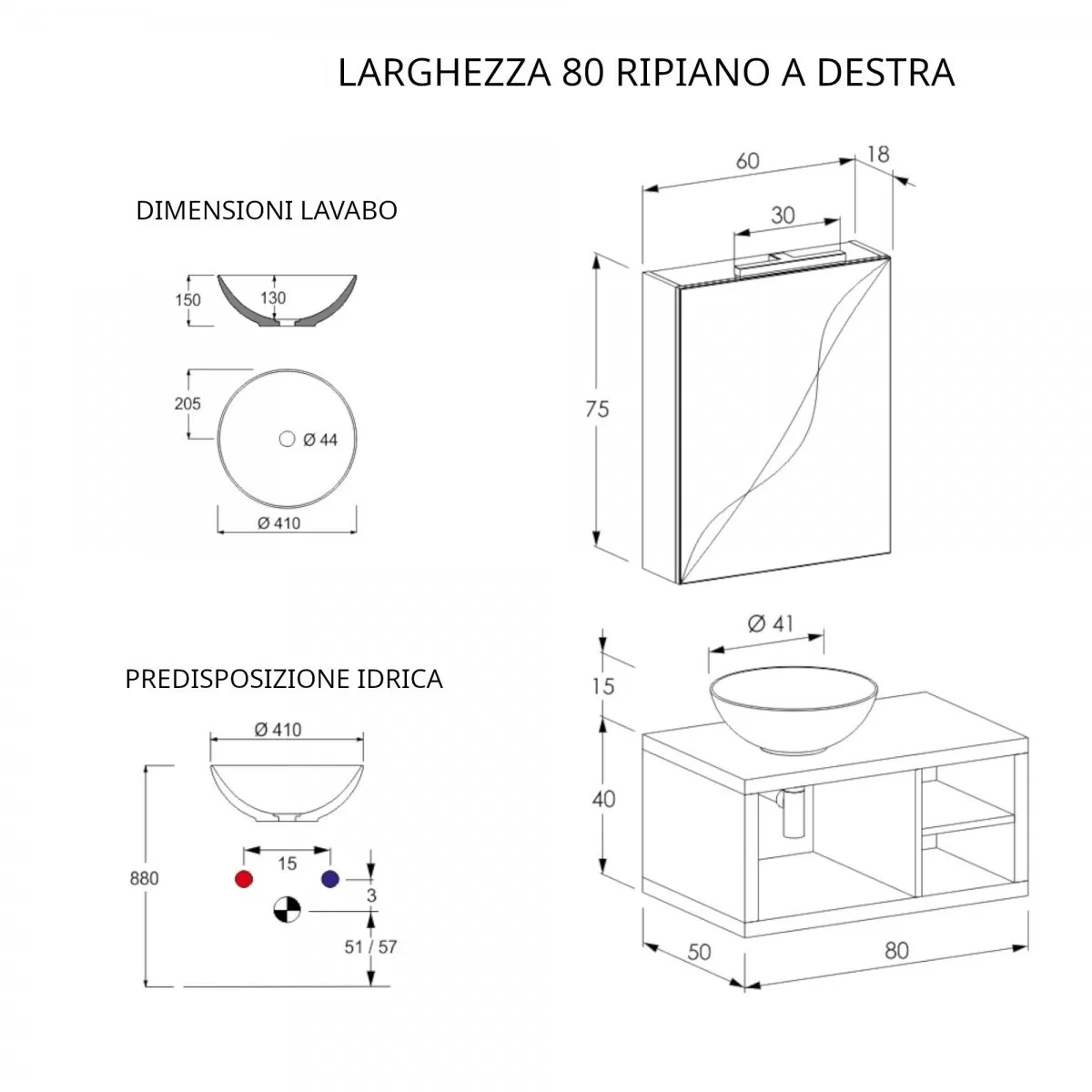 Meuble de Salle de Bain Gris Ciel 80cm suspendu avec trois rangements apparents et meuble miroir