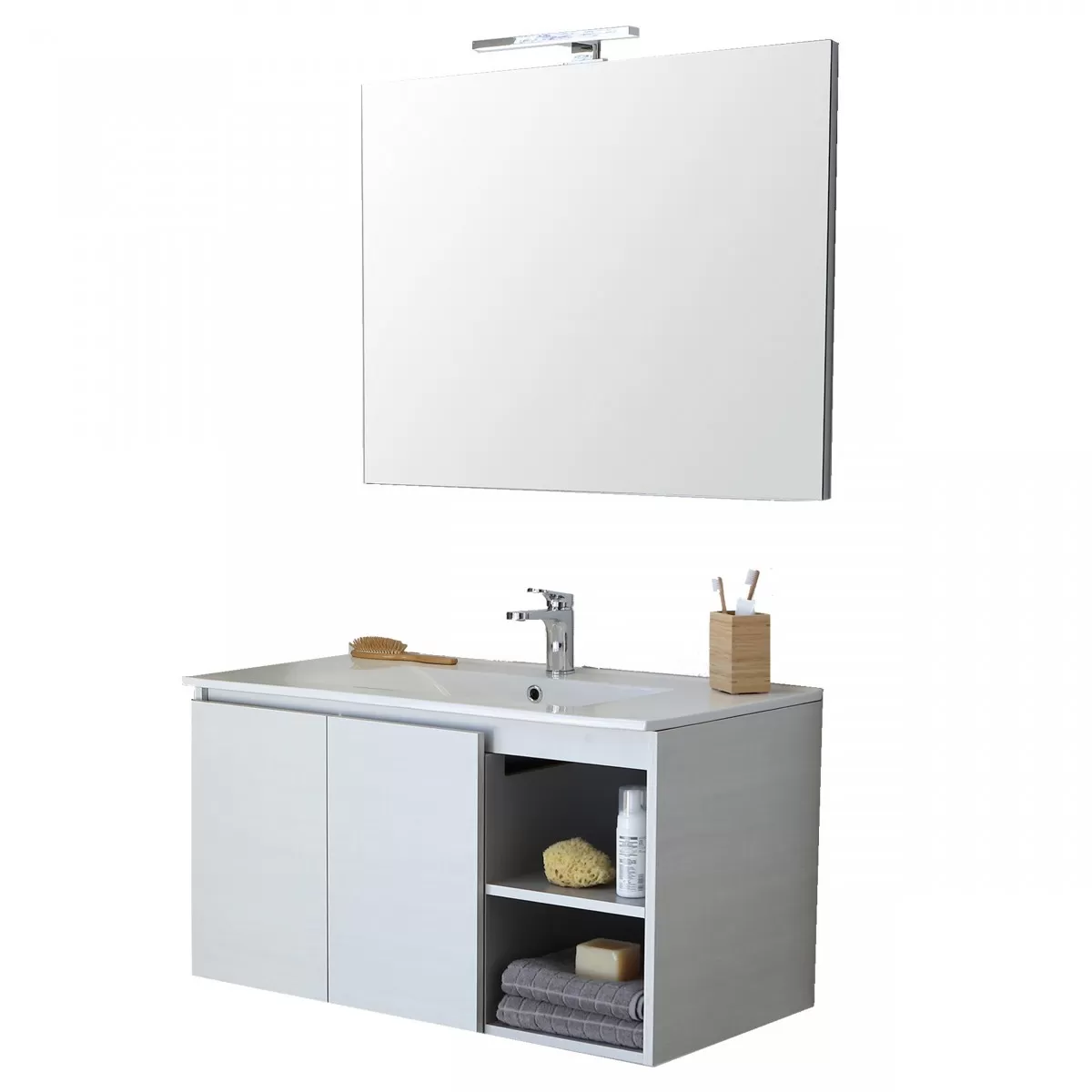 Weißer hängender Badezimmerschrank 90 cm mit Spiegel und Sonnenlicht