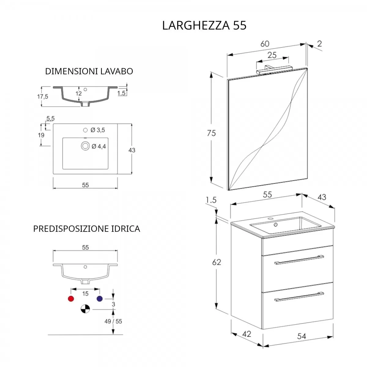 55 cm weißer Badezimmerschrank mit doppelter Facil-Schublade
