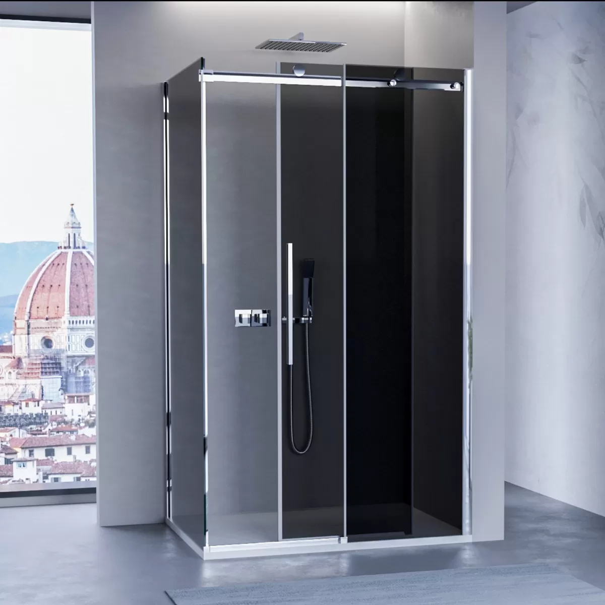 Cabine de douche avec porte coulissante, verre anticalcaire fumé de 8 mm avec fermeture magnétique