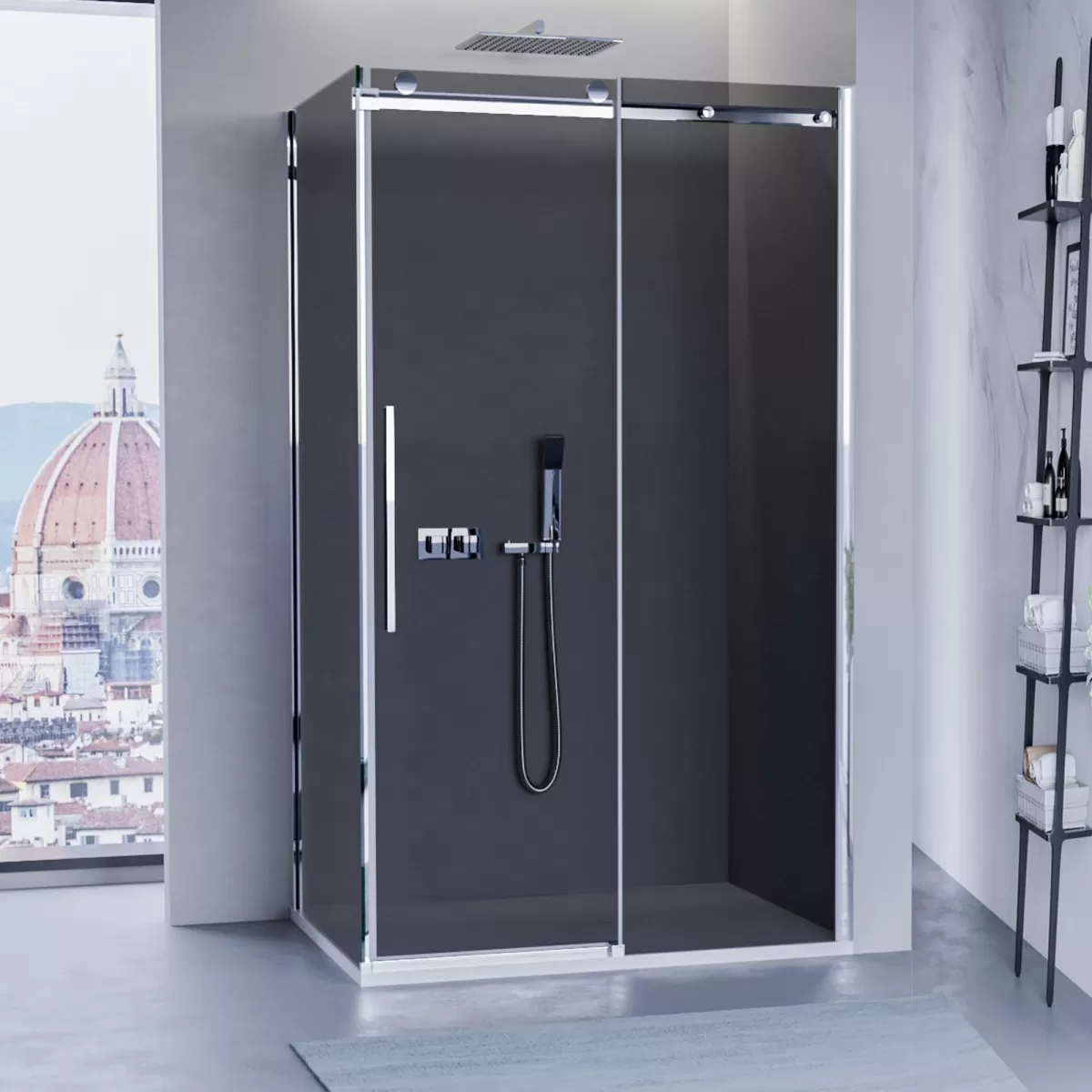 Cabine de douche avec porte coulissante, verre anticalcaire fumé de 8 mm avec fermeture magnétique