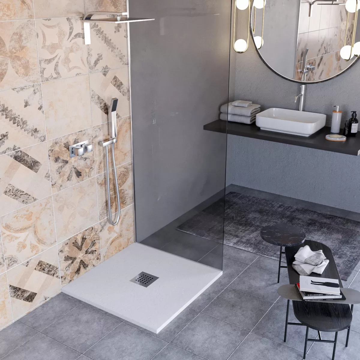 Receveur de douche en marbre minéral effet pierre fabriqué en Italie modèle de couleur grise Amalfi