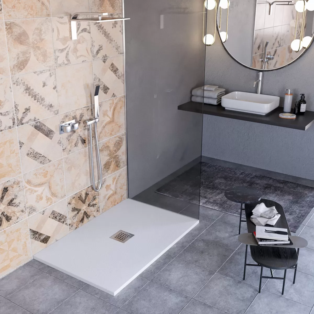 Receveur de douche en marbre minéral effet pierre fabriqué en Italie modèle de couleur grise Amalfi