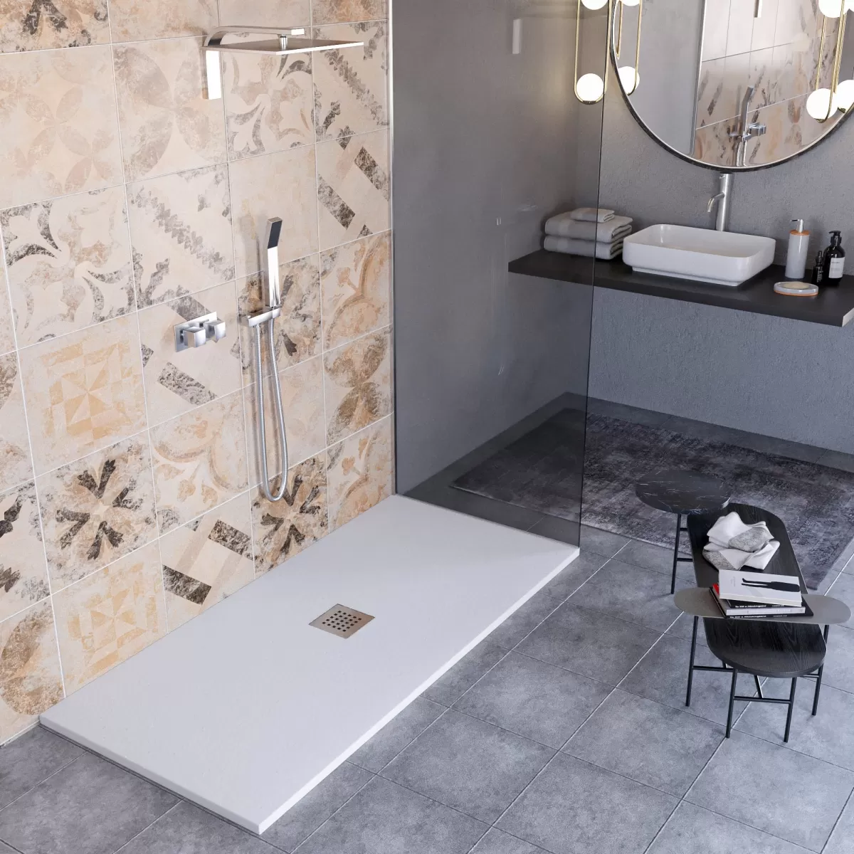 Receveur de douche en marbre minéral effet pierre fabriqué en Italie modèle de couleur grise Amalfi