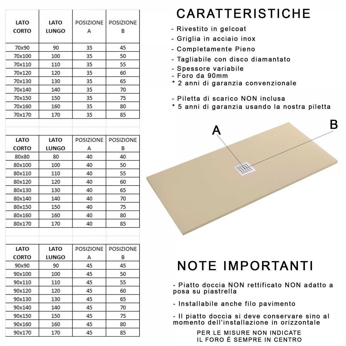 Piatto Doccia Mineralmarmo effetto pietra made in Italy scarico centrale colore Grigio modello Amalfi