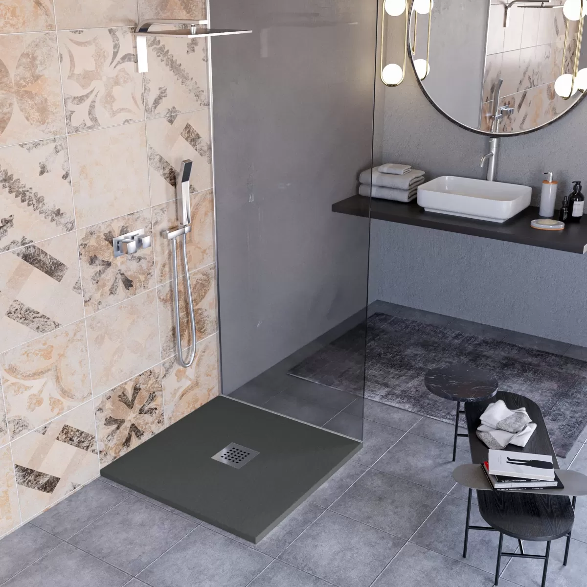 Piatto Doccia Mineralmarmo effetto pietra made in Italy scarico centrale colore Antracite modello Amalfi