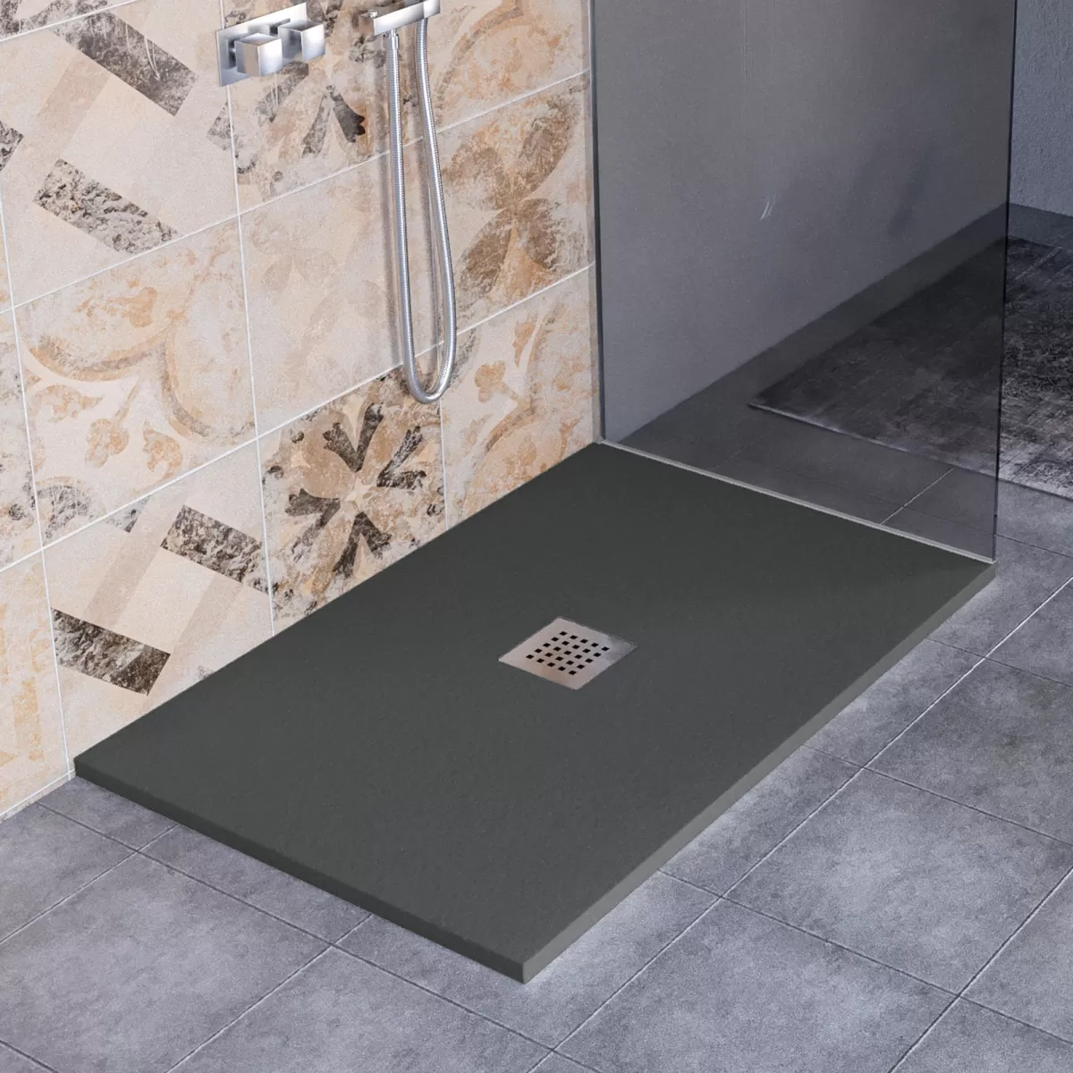 Piatto Doccia Mineralmarmo effetto pietra made in Italy scarico centrale colore Antracite modello Amalfi