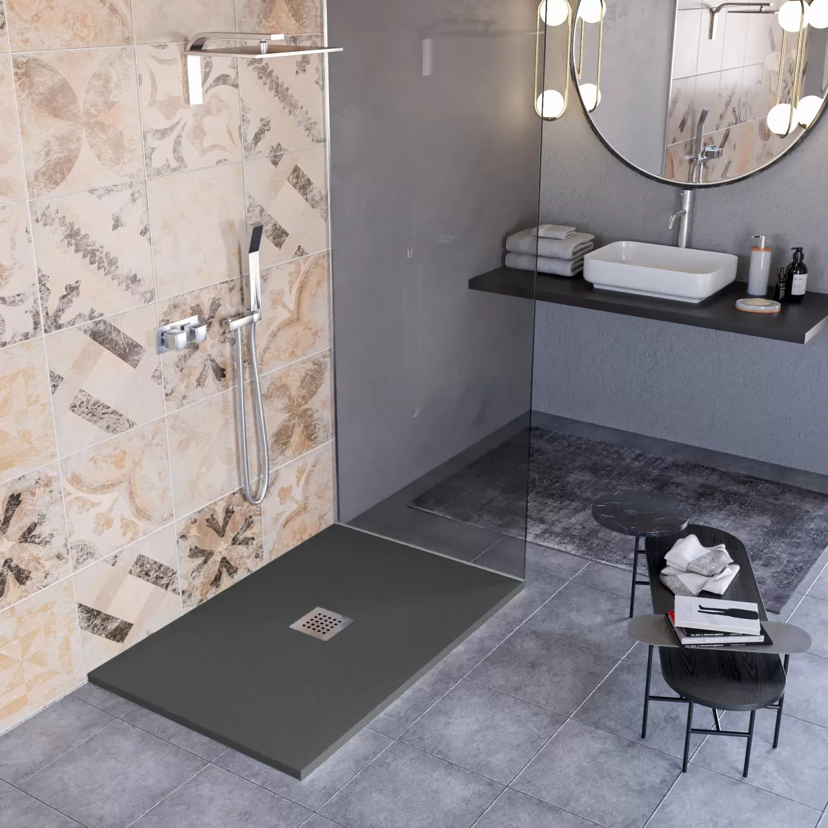 Piatto Doccia Mineralmarmo effetto pietra made in Italy scarico centrale colore Antracite modello Amalfi