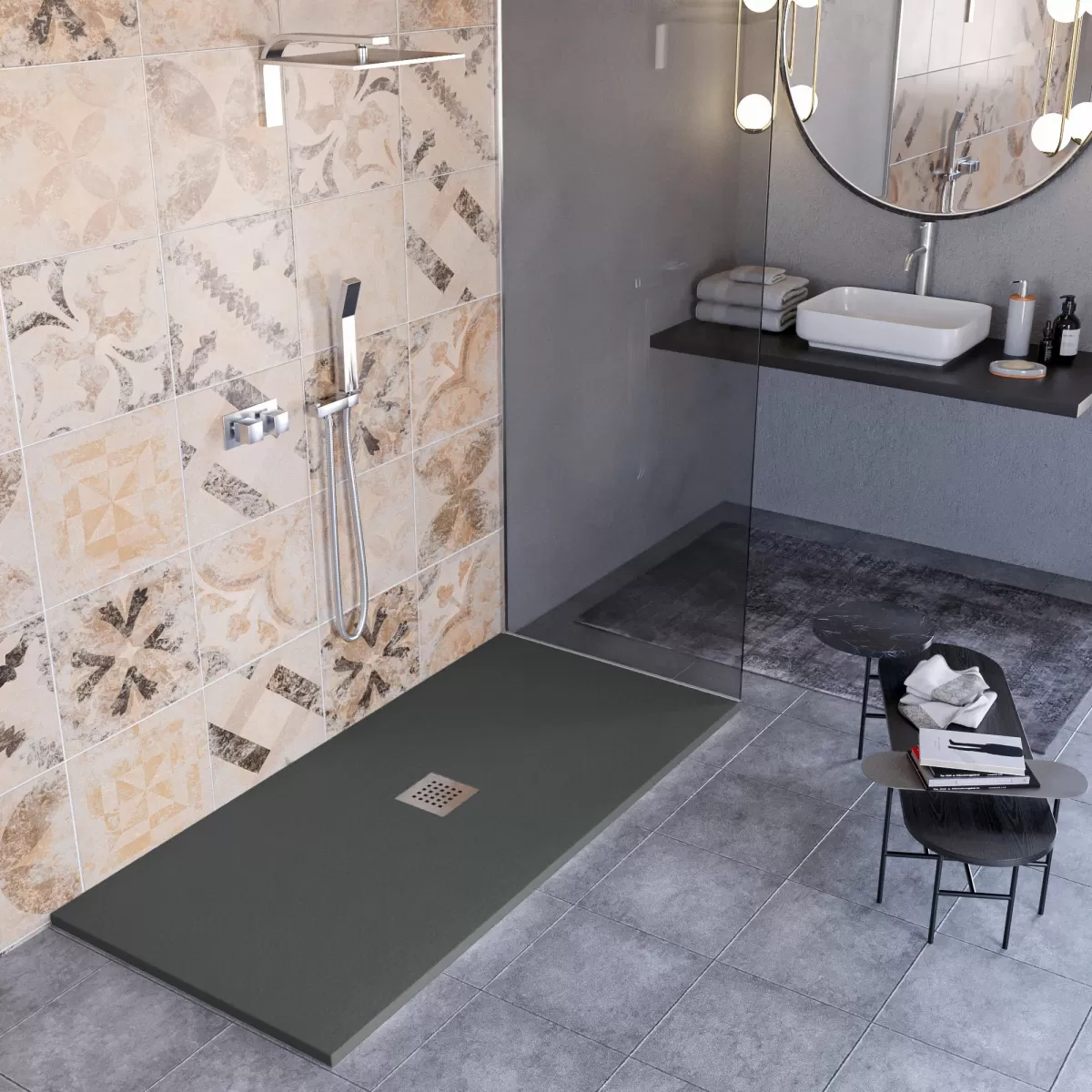 Piatto Doccia Mineralmarmo effetto pietra made in Italy scarico centrale colore Antracite modello Amalfi