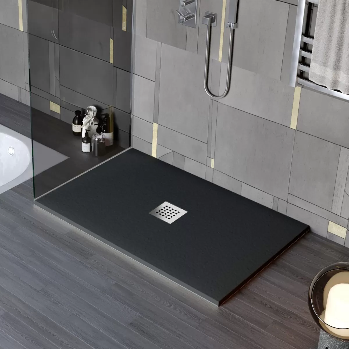 Receveur de douche en marbre minéral effet pierre fabriqué en Italie drain central couleur noire modèle Amalfi