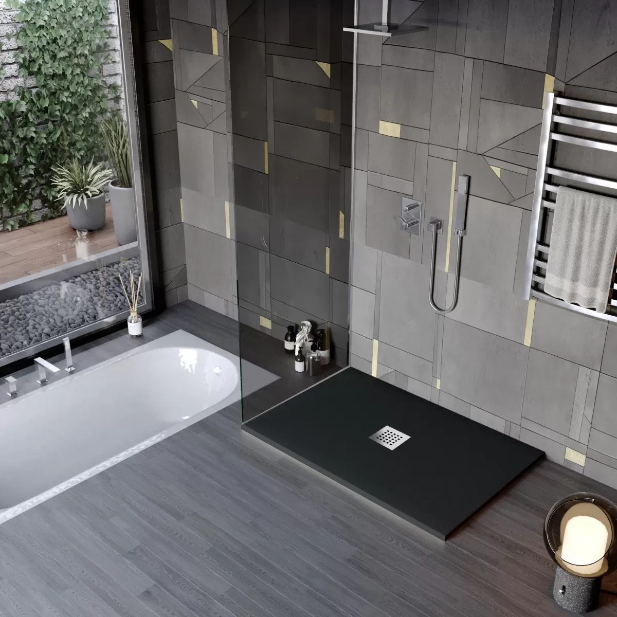 Receveur de douche en marbre minéral effet pierre fabriqué en Italie drain central couleur noire modèle Amalfi