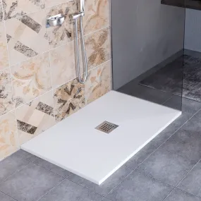 Receveur de douche en marbre minéral effet pierre fabriqué en Italie, évacuation centrale de couleur Blanc, modèle Amalfi