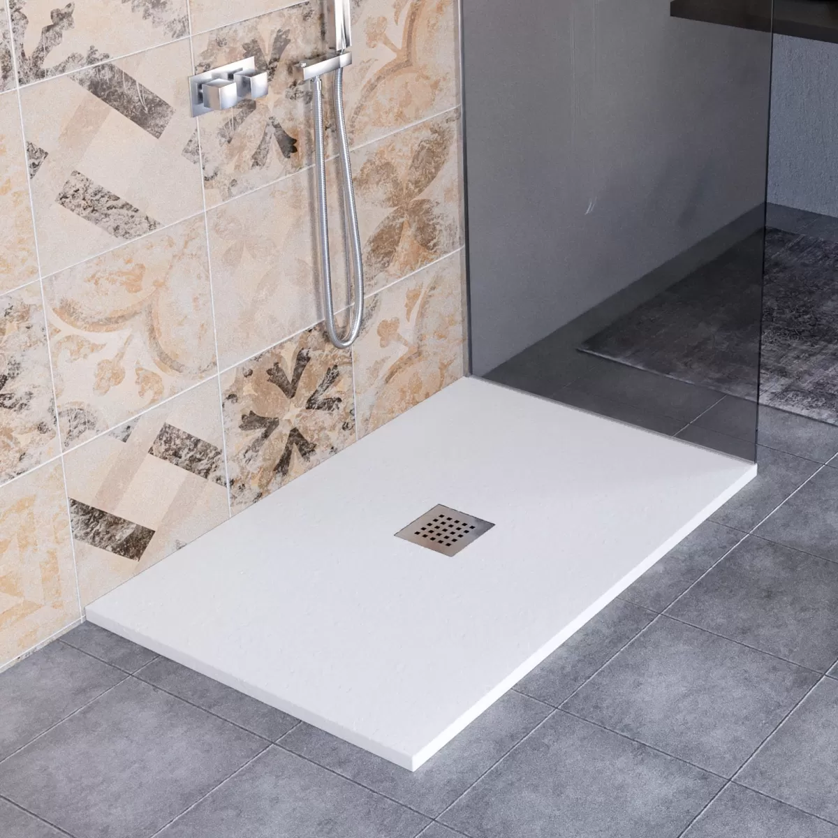 Receveur de douche en marbre minéral effet pierre fabriqué en Italie, évacuation centrale de couleur Blanc, modèle Amalfi