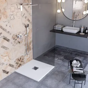 Receveur de douche en marbre minéral effet pierre fabriqué en Italie, évacuation centrale de couleur Blanc, modèle Amalfi