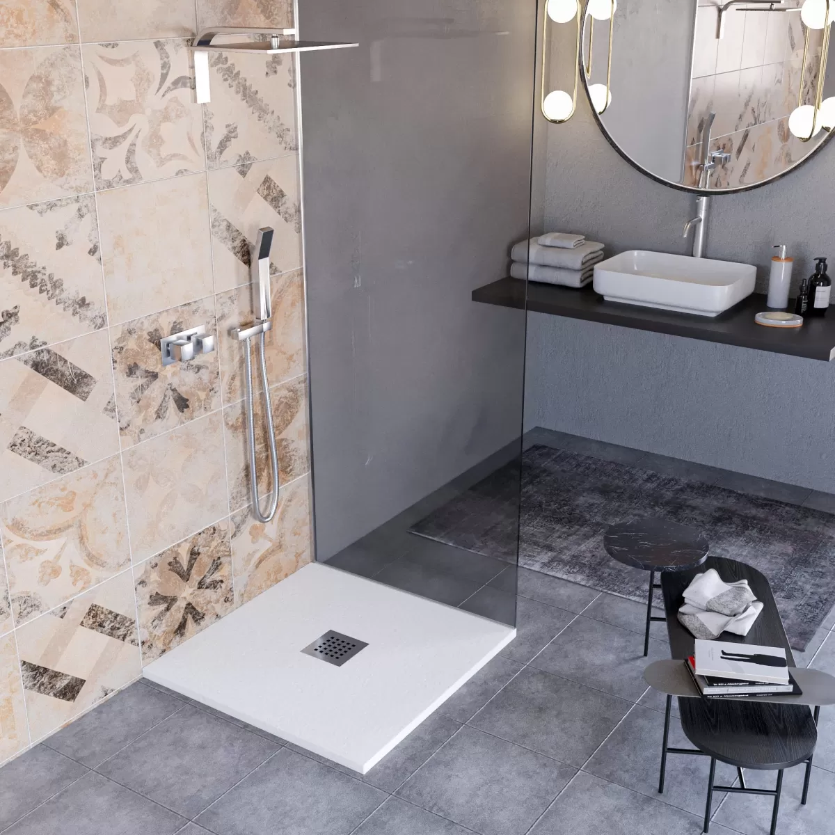 Receveur de douche en marbre minéral effet pierre fabriqué en Italie, évacuation centrale de couleur Blanc, modèle Amalfi