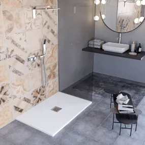 Receveur de douche en marbre minéral effet pierre fabriqué en Italie, évacuation centrale de couleur Blanc, modèle Amalfi