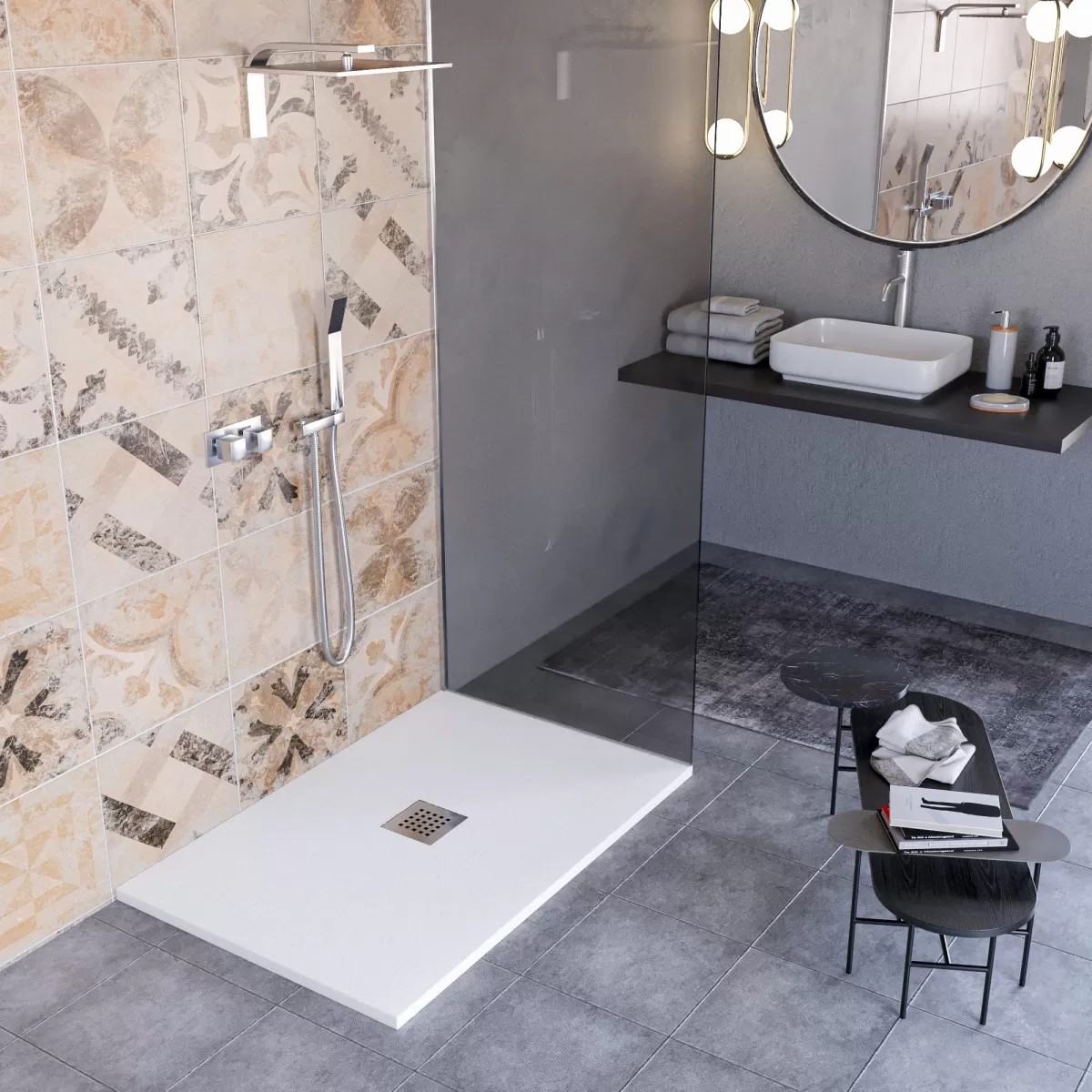 Receveur de douche en marbre minéral effet pierre fabriqué en Italie, évacuation centrale de couleur Blanc, modèle Amalfi