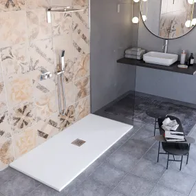 Receveur de douche en marbre minéral effet pierre fabriqué en Italie, évacuation centrale de couleur Blanc, modèle Amalfi