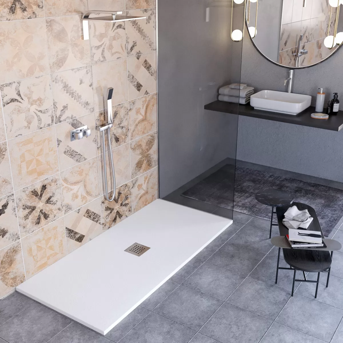 Receveur de douche en marbre minéral effet pierre fabriqué en Italie, évacuation centrale de couleur Blanc, modèle Amalfi