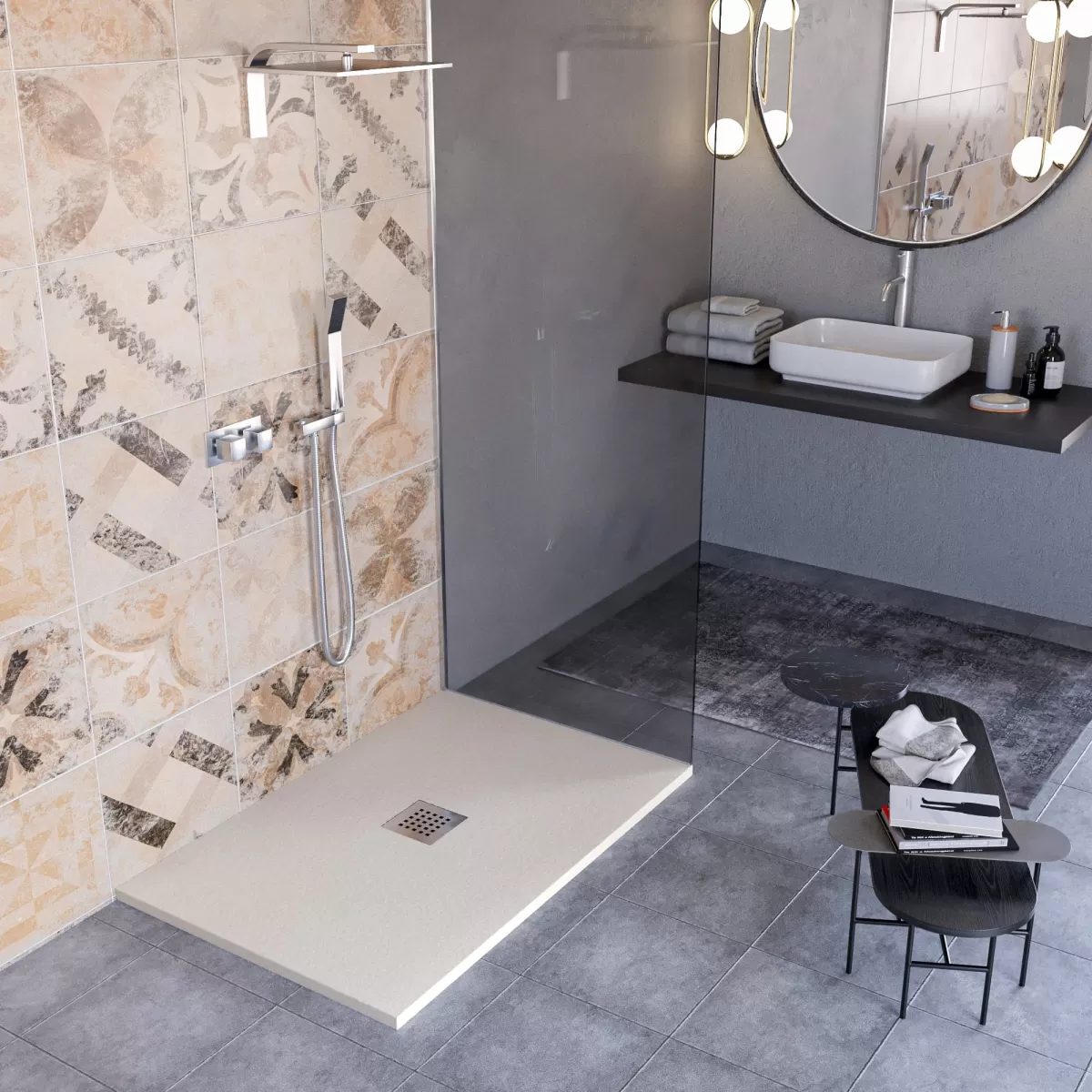 Receveur de douche Mineralmarmo effet pierre fabriqué en Italie drain central de couleur crème modèle Amalfi